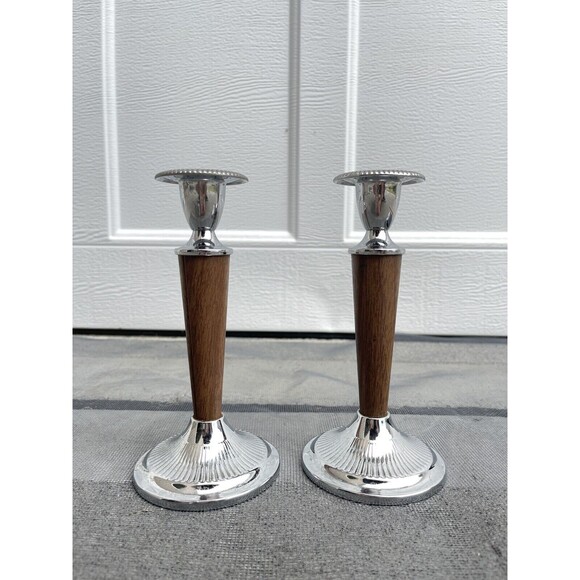 IANTHE Pat PDG Made in England Faux Wood & Silver Plate Candle Holders - Picture 6 of 7